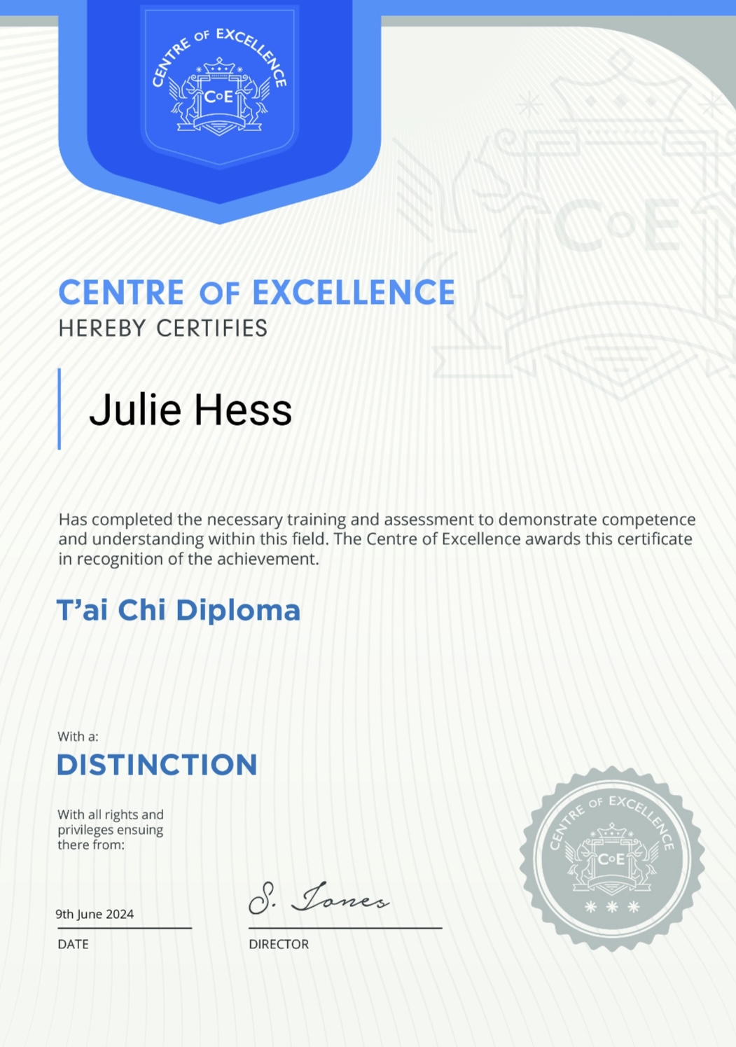 Center of Excellence Tai Chi Deploma