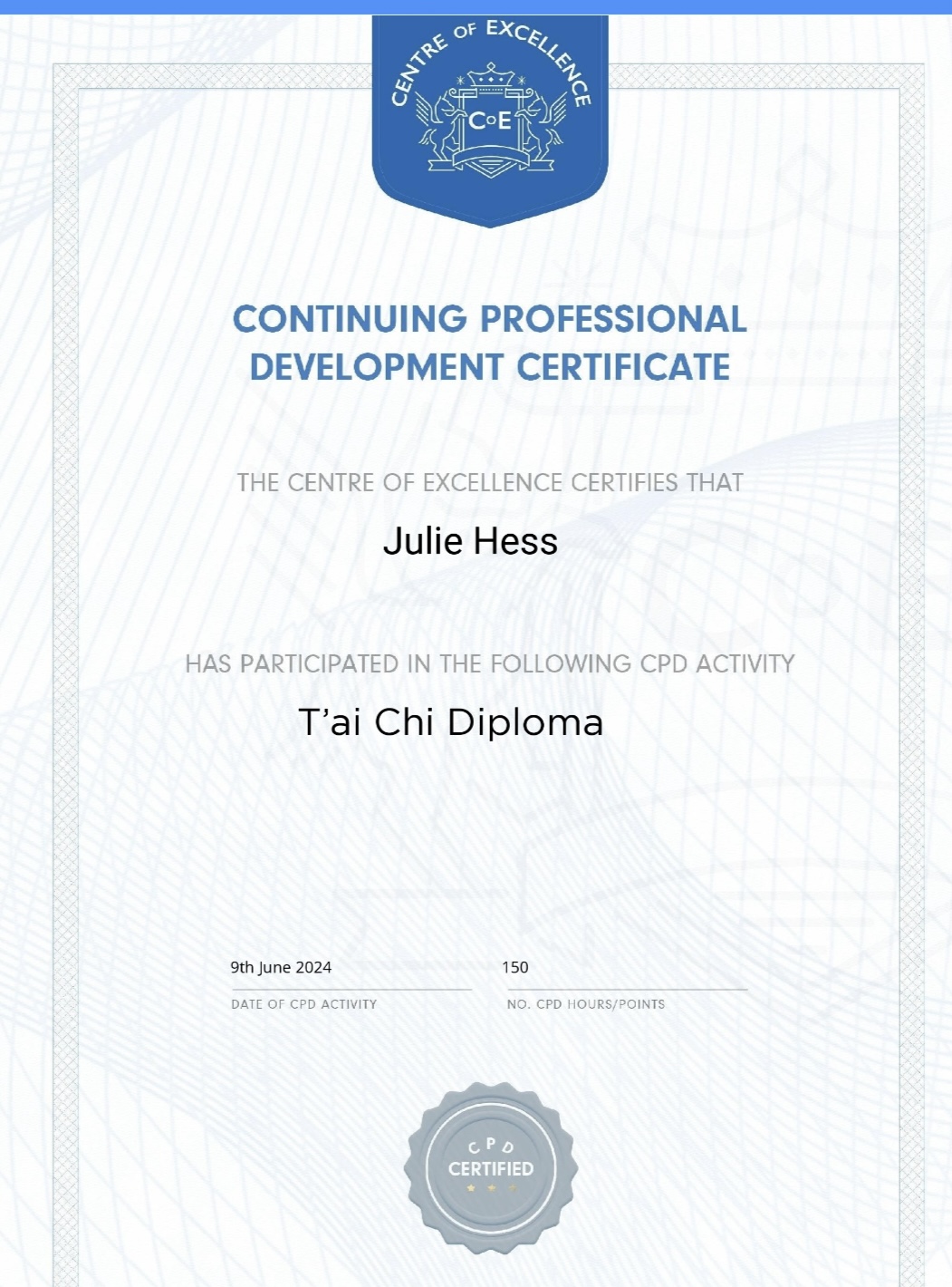 Continuing Personal Development Tai Chi Certificate